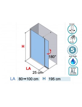 Paroi douche, fixe avec volet mobile 35 cm, verre sécurite, anti calcaire - HADA 240