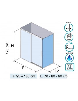 Porte douche coulissante, retour  fixe latéral 70, 80 ou 90 cm - SALAMA 216