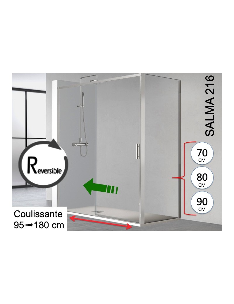 Porte douche coulissante, retour  fixe latéral 70, 80 ou 90 cm - SALAMA 216