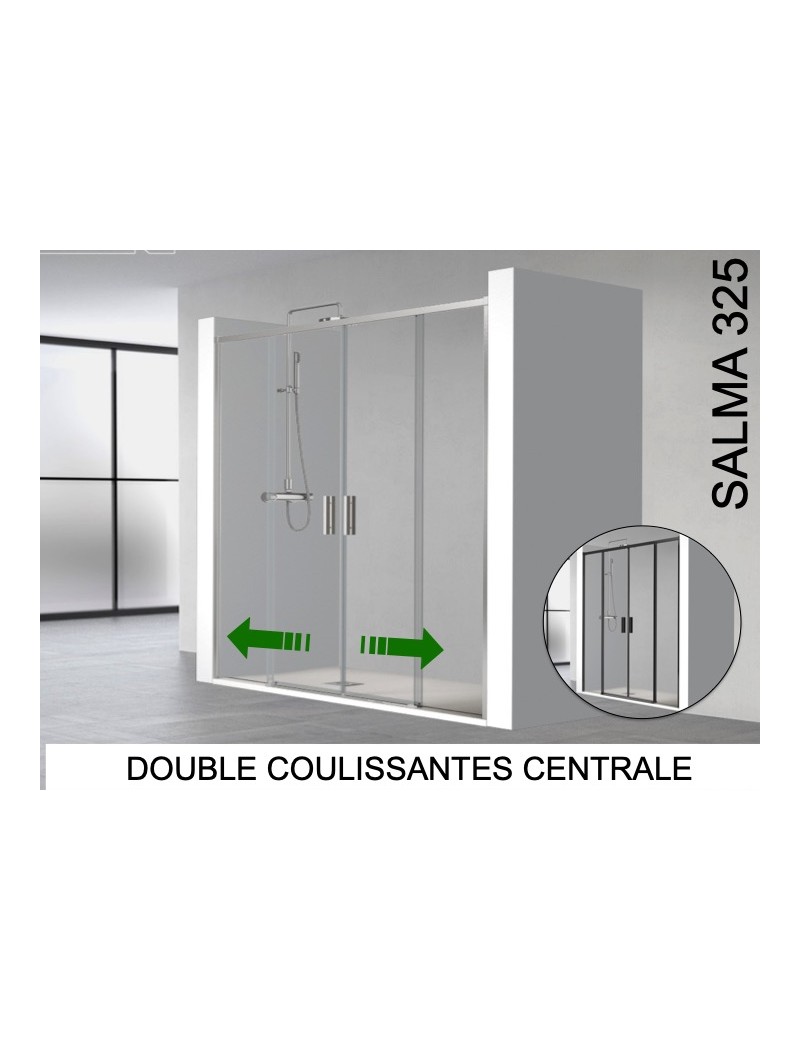 Porte douche double coulissant central, profilés noir ou brillant  - SALMA 325