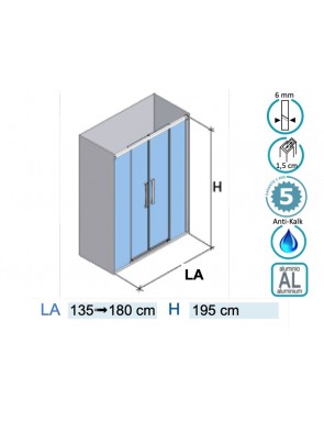 Porte douche double coulissant central, profilés noir ou brillant  - SALMA 325