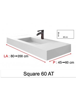 Plan vasque suspendu, bassin 60 x 30 cm,résine minérale Solid Surface -  SQUARE 60 AT