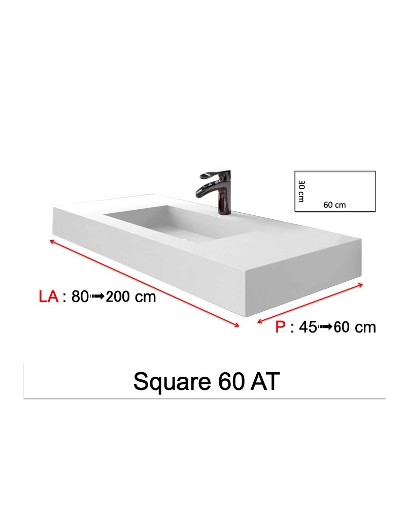 Plan vasque suspendu, bassin 60 x 30 cm,résine minérale Solid Surface -  SQUARE 60 AT