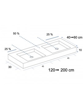 Plan double vasque suspendu, bassin 45 cm, façade 10 cm, Solid Surface -  SQUARE 45 avec tablier