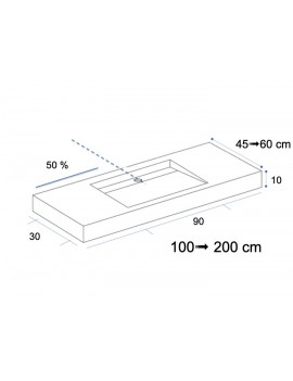 Plan vasque suspendu, bassin caniveau 90 cm, façade 10 cm, Solid Surface, DESIGN 45 avec tablier