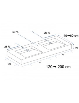 Plan double vasque suspendu, bassin caniveau 45 cm, façade 10 cm, Solid Surface, DESIGN 45 avec tablier