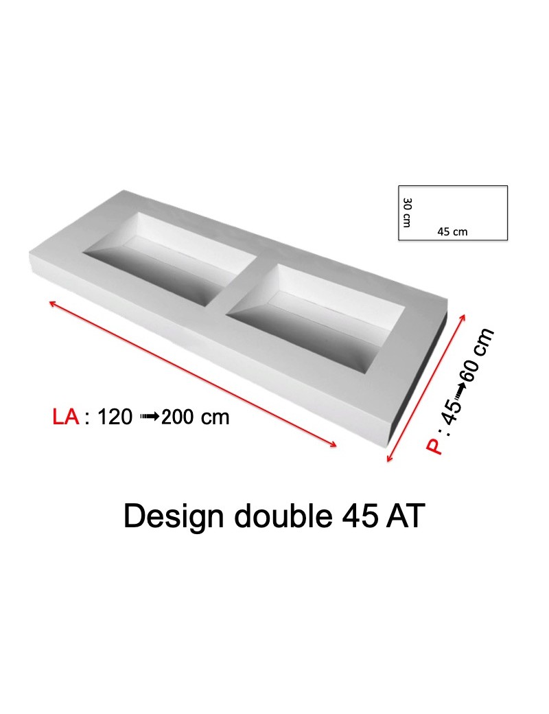 Plan double vasque suspendu, bassin caniveau 45 cm, façade 10 cm, Solid Surface, DESIGN 45 avec tablier