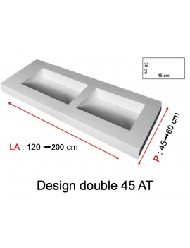 Plan double vasque suspendu, bassin caniveau 45 cm, façade 10 cm, Solid Surface, DESIGN 45 avec tablier