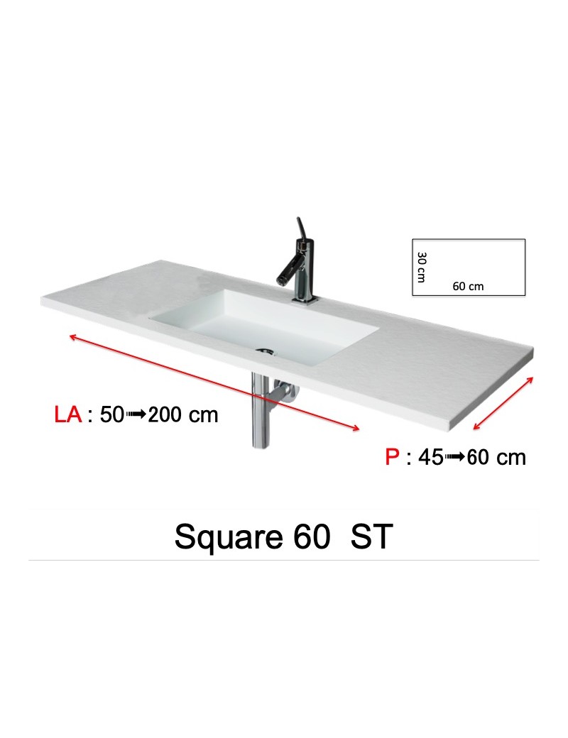 Plan vasque, à encastré, bassin 60 cm, Solid-Surface, SQUARE 60 sans tablier