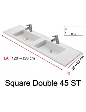 Plan double vasque, à encastré, bassin 45 cm, Solid-Surface, SQUARE 45 sans tablier