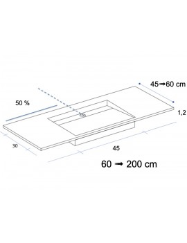 Plan  vasque à encastrer, bassin caniveau 45 cm, Solid-Surface, DESIGN 45 sans tablier