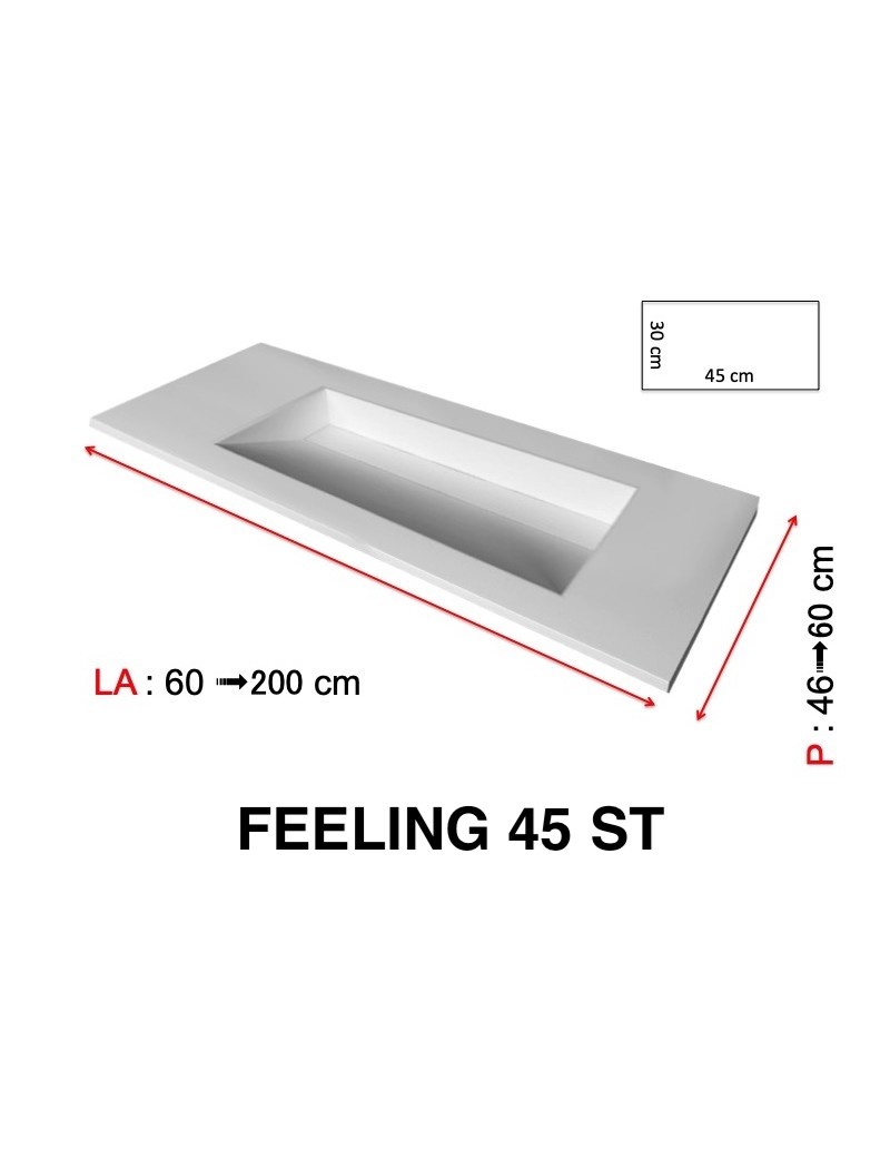 Plan  vasque à encastrer, bassin caniveau 45 cm, Solid-Surface, FEELING 45 sans tablier