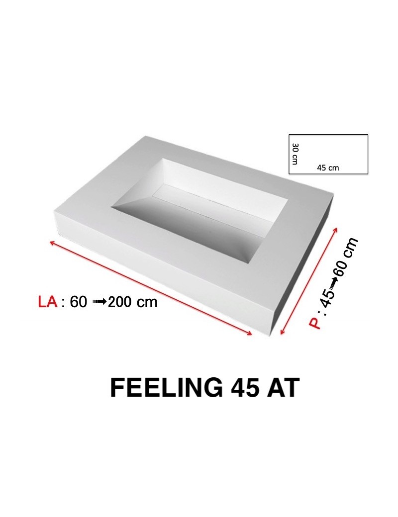 Plan vasque suspendu, bassin caniveau 45 cm, façade 10 cm, Solid Surface, FEELING 45 avec tablier
