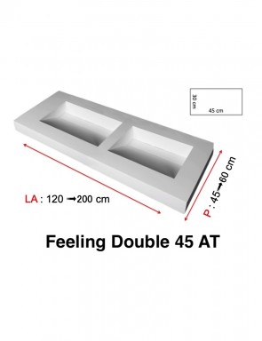 Plan double vasque suspendu, bassin caniveau 45 cm, façade 10 cm, Solid Surface, FEELING 45 avec tablier