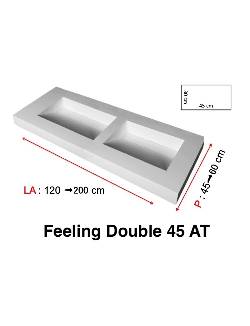 Plan double vasque suspendu, bassin caniveau 45 cm, façade 10 cm, Solid Surface, FEELING 45 avec tablier