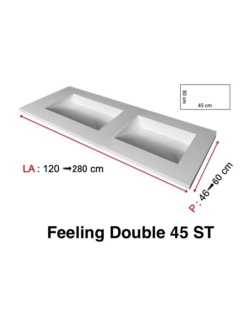 Plan double vasque à encaster, bassin caniveau 45 cm, Solid-Surface, Feeling 45 avec tablier