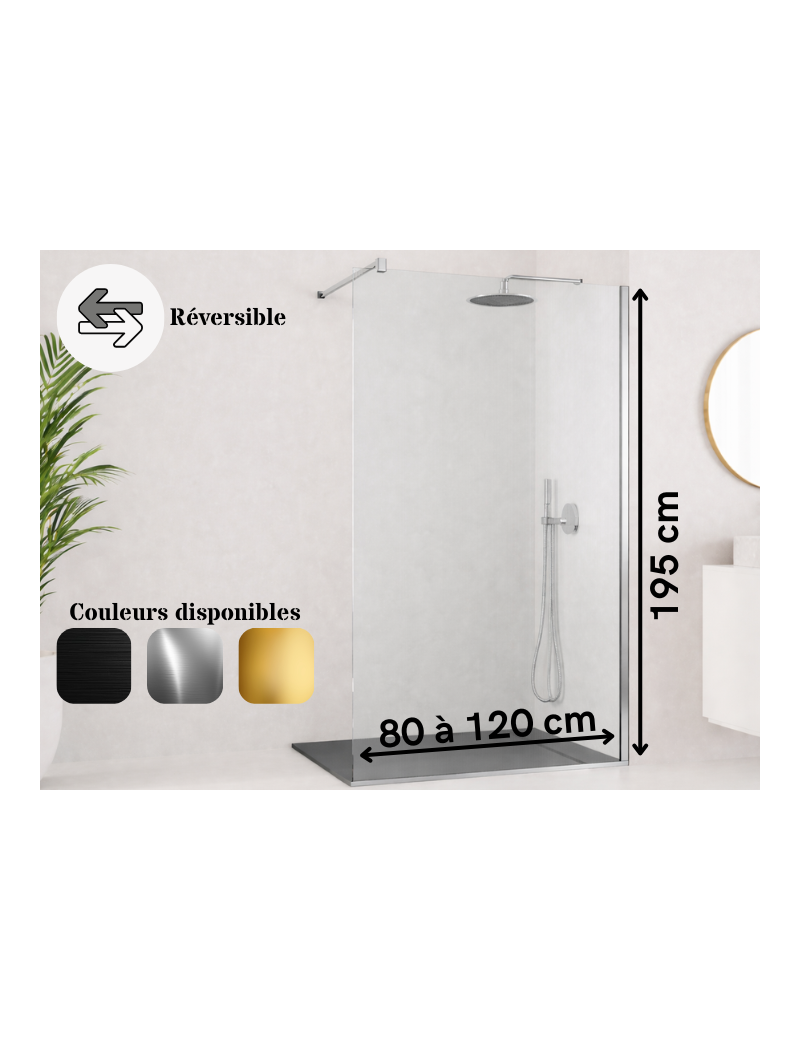 Paroi de douche fixe de 80 à 120 cm, hauteur 195 cm - FADO