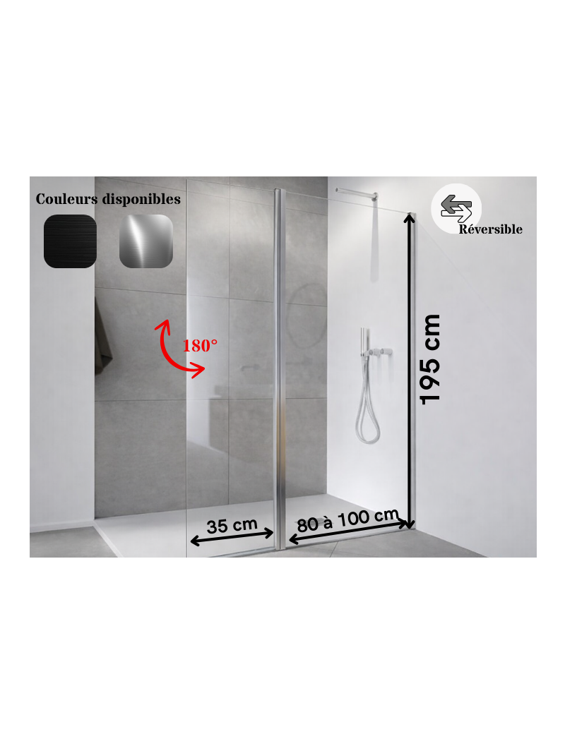 Paroi de douche fixe de 80 à 100 cm avec volet mobile - MOVING