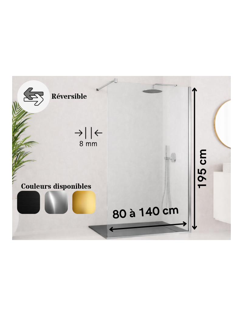 Paroi de douche italienne, verre fixe - FADO 8 mm